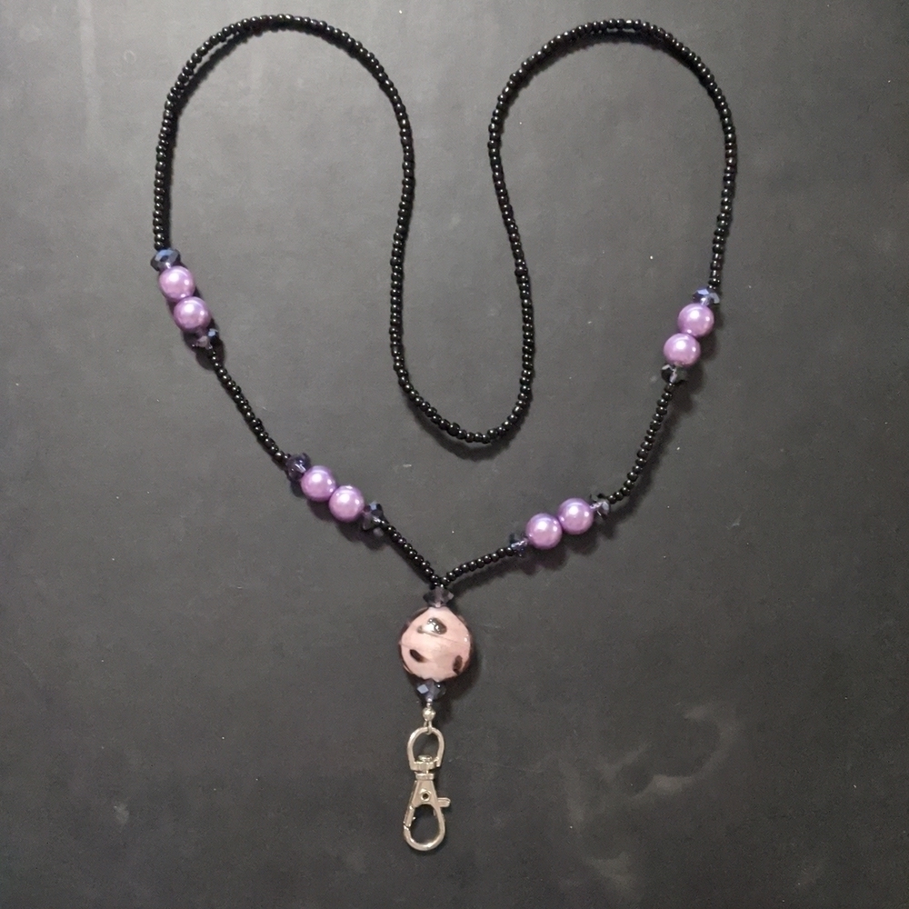 Black and Purple Beaded Lanyard Badge Holder